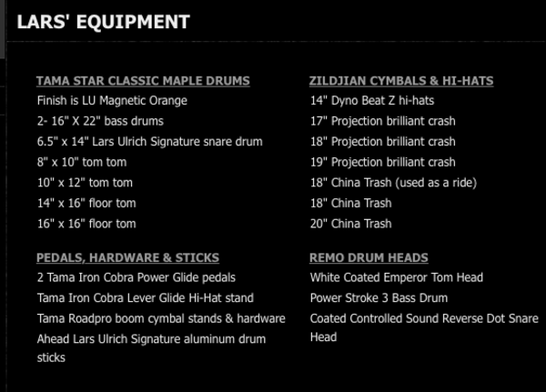 Lars Ulrich using Tama Starclassic (Maple)