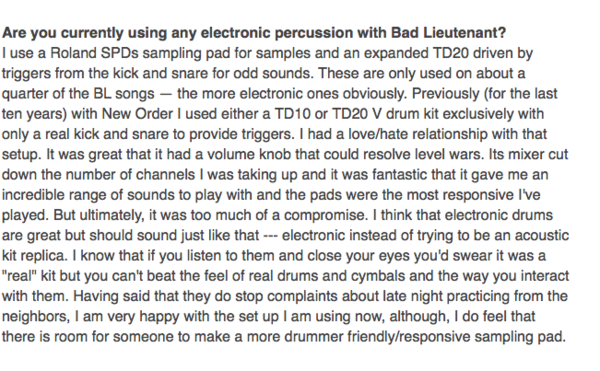 Stephen Morris using Roland TD-20 Electronic Drum Set