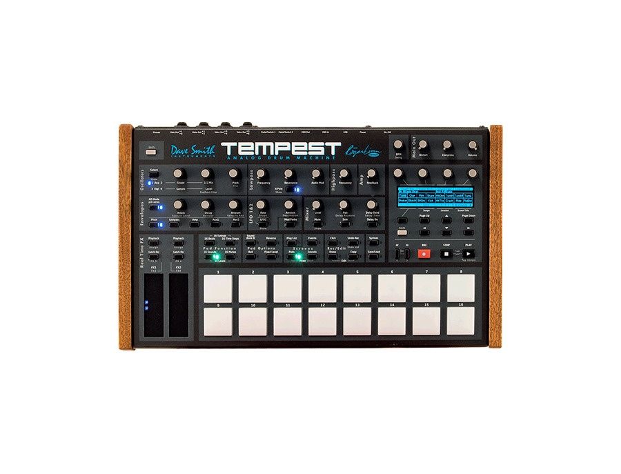 アナログドラムマシンTEMPEST、MIDI入出力、木製サイドパネル付き。 アナログドラムマシンTEMPEST、MIDI入出力、木製サイドパネル
